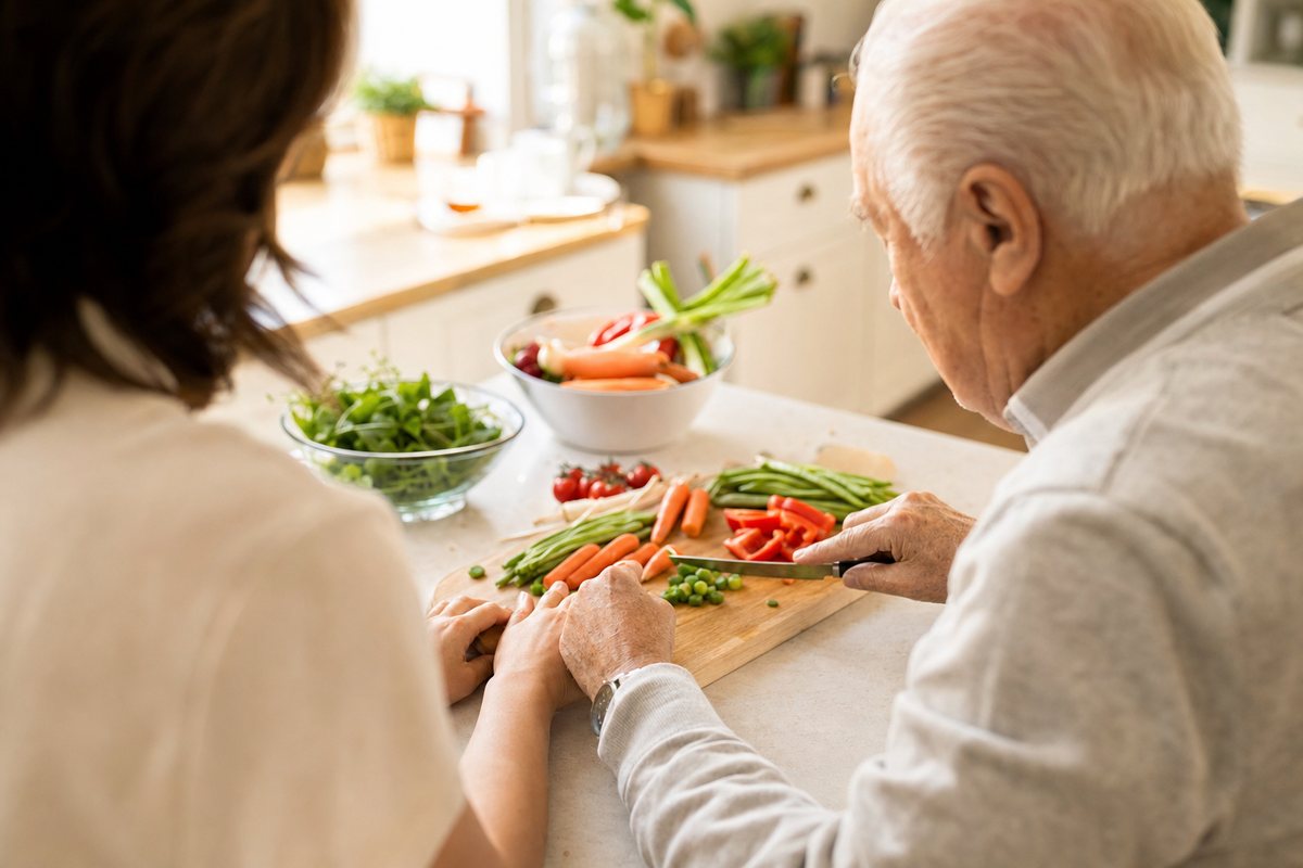 A caregiver and an older man preparing fresh vegetables together at a bright kitchen counter.