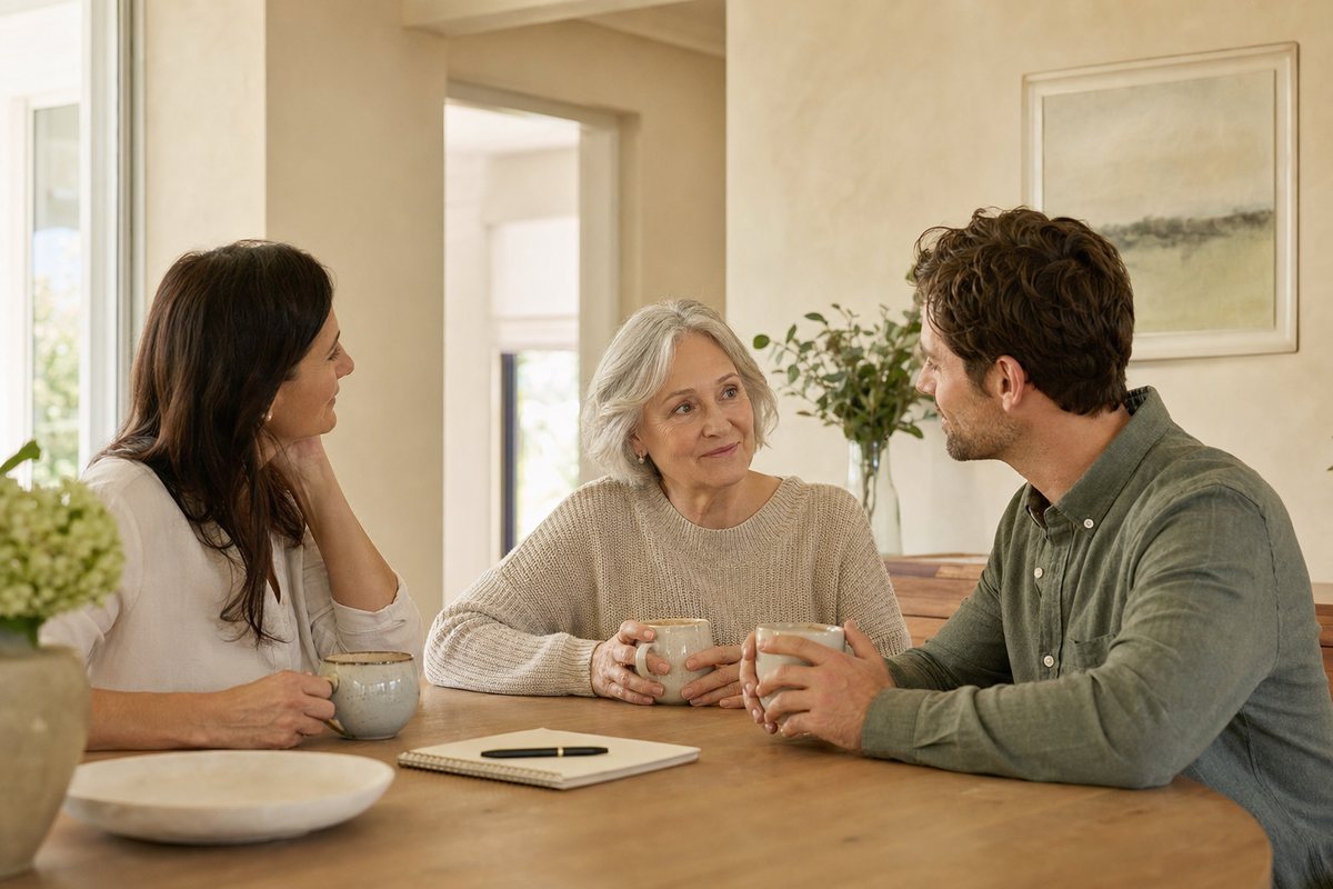 An adult daughter and son talking calmly with their mother over coffee at a dining table.
