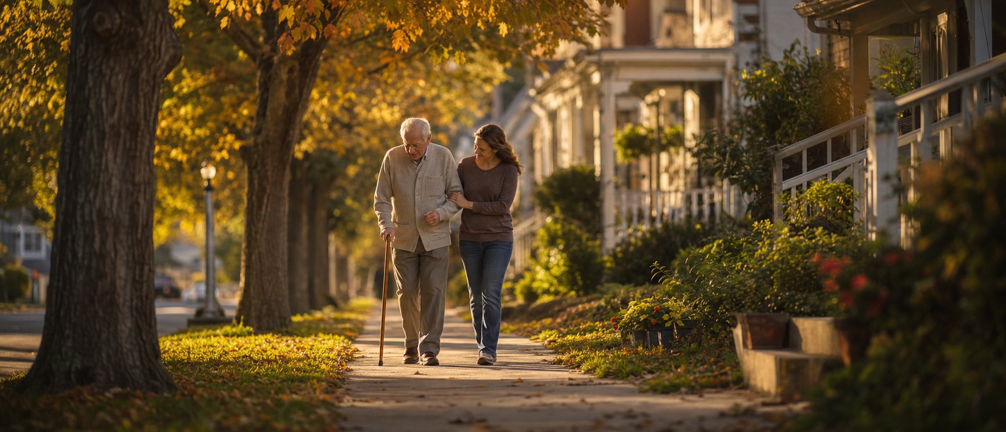 An older man walking with a cane along a tree-lined sidewalk in late afternoon light, accompanied by a companion.